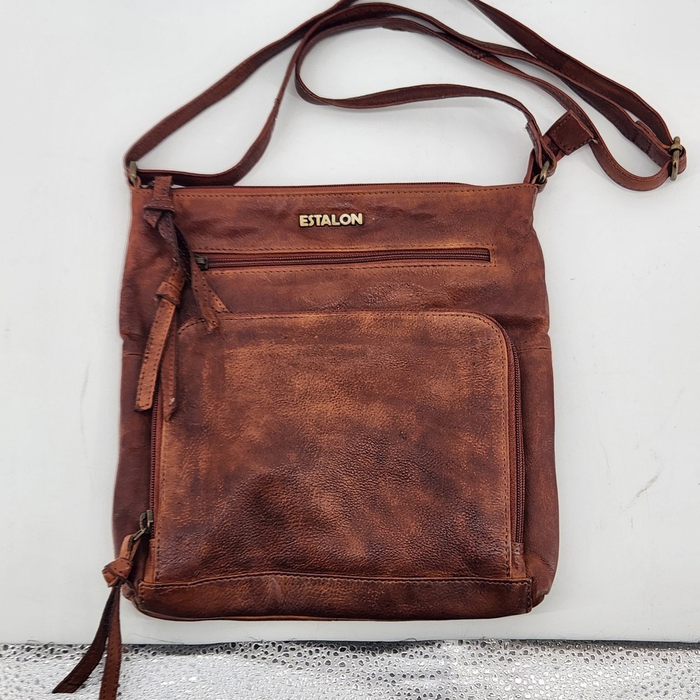 Estalon Crossbody Bag Brown Genuine Leather Adjustable Strap Messenger Purse‎